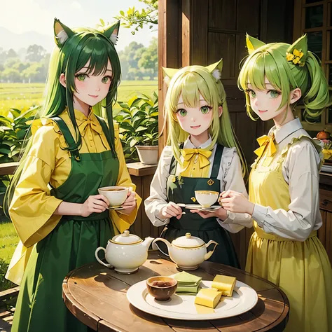 Cat with yellow-green ribbon、Yellow-green hair、Yellow-green eyes、Yellow-green clothing、smile、Tea plantation