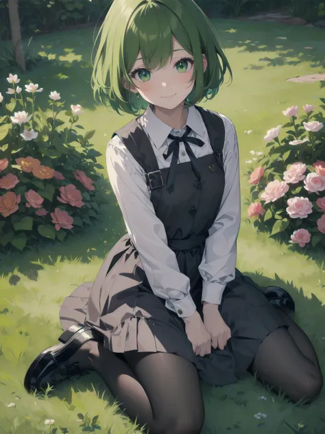 (Illustration: 1.0), Masterpiece, Top Quality,
1 girl, green hair, green eyes, short hair, bangs, 
dress, black shoes, long sleeves, shirt, white shirt, pinafore dress, ribbon, black ribbon, black dress, pantyhose, neck ribbon, shoes,
Countryside, Garden, ...