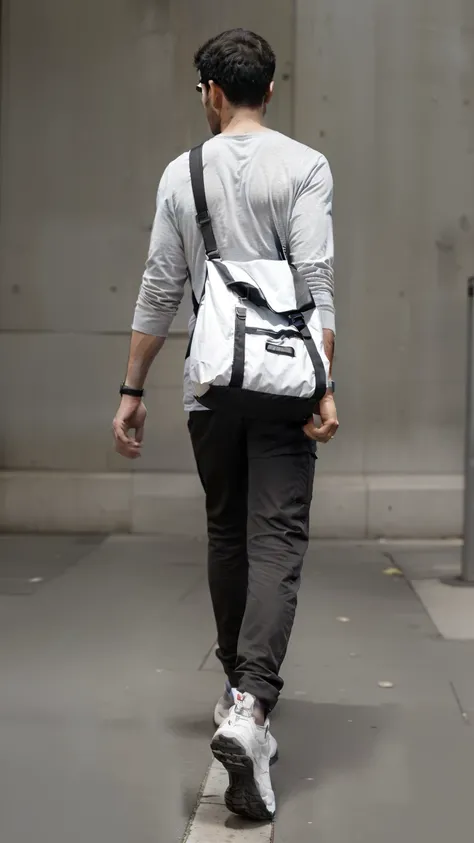 arafed man walking with a sling bag and a drink in his hand, man walking, confess photo, a man wearing a sling bag, rendering, Carrying a sling bag, sling bag, man walking through city, high contrast, confess shot, casual streetwear, loose, confess, He is ...