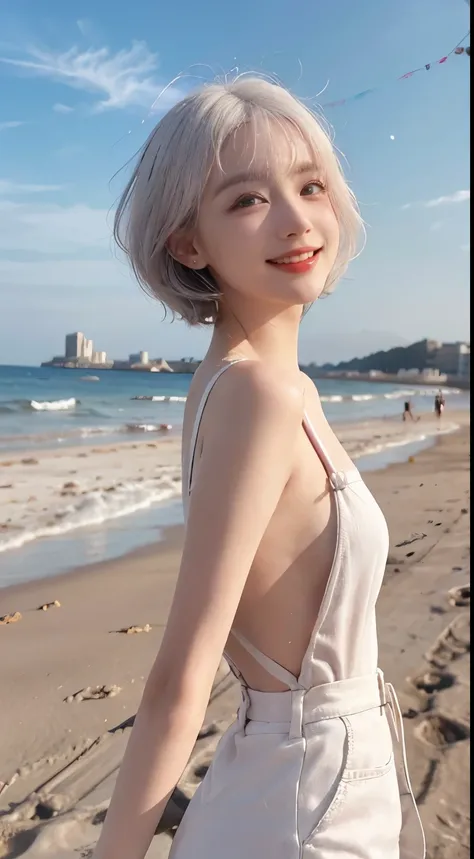 Best image quality、RAW Photos、超A high resolution、21 years old Korean、Small breasts、Dynamic Angle、Cowboy Shot、Chaos in its most beautiful form、elegant、brutalism design、Vibrant colors、Beautiful white hair、Short Bob、smile、fun、smile、Glowing White Skin、Beautifu...