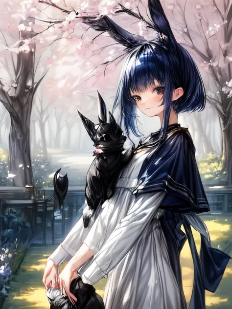 A  girl with navy blue hair playing with rabbits in a peaceful spring landscape.