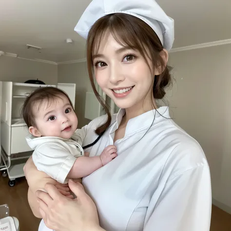 (highest quality、table top、8k、best image quality、award-winning work)、(holding a baby1 nurse:1.3)、40-year-old nurse、20 year old m...