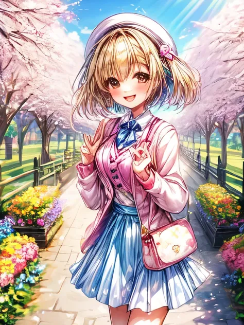 A cute girl wearing a cardigan with a smile on her face, standing in a sunny garden surrounded by colorful flowers.