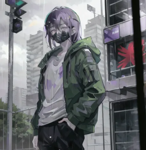 Anime, young boy , dark purple shoulder length hair, purple eyes, dark green jacket, white shirt gas mask, black pants, in the rain, rain city, grey sky, detailed, 4k, masterpiece,