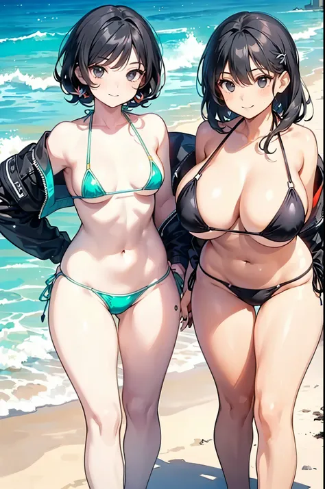 ((micro bikini:2.0)),((loose bikini:2.0)),((cleavage:1.5)),(((medium hair:1.3,black hair:2.0))),(black eyes:2.0),(from directly above:1.5),(twins:2.0),(2 female), (2 girls:2.0),(2 wonen:2.0),(Smile Beam:1.5),((High leg:1.5), (twins:2.0),20 years old,master...