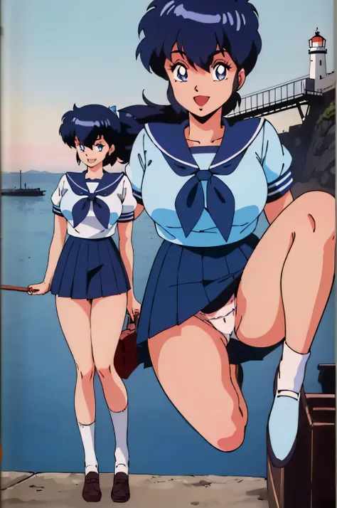 (Anime stuff, Retro art style, Clean brush strokes, Very detailed, Perfect Anatomy, Browsing Caution), (Harbor background, Breakwater, Lighthouse), (miki, 1 Girl), Eyebrows visible through hair, bangs, Black Hair, Short Ponytail, Hair clip with ribbon, (bl...