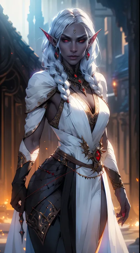 1girl, sexy drow, morena skin, pale silver long elaborate braids, ((red eyes)), jewels, elf ears, earrings, ((white sorceress sexy dress)), ((wields staff)), ((cast light magic)), on a roof of scyscraper, athletic, volumetric lighting, best quality, master...