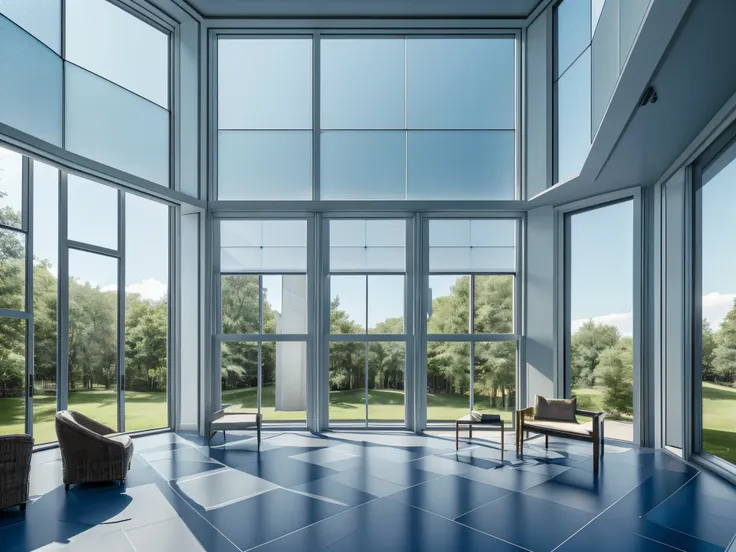 a luxurious interior space with a (((large glass window))), its panes composed of intricate ((square and hexagonal tessellations...