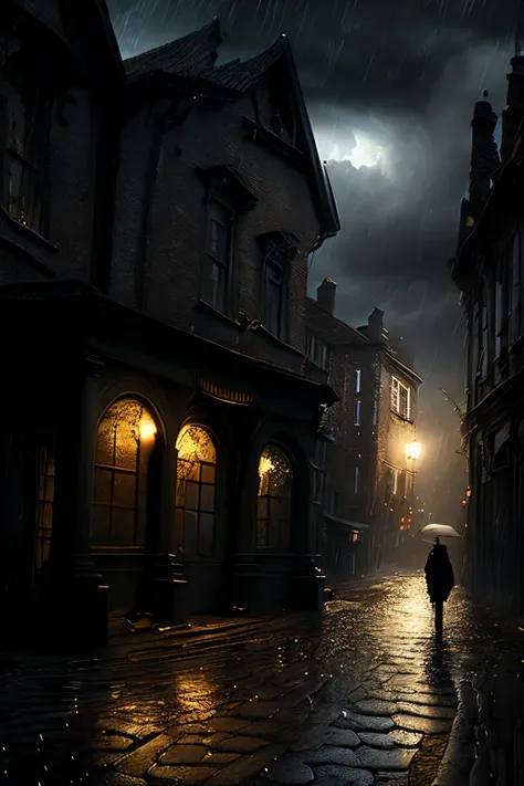 Very dark and frightening night street, almost no lighting, ambient light in a shade of penumbra only, ground made of wet cobblestones, light rain falling, thunder in the intensely cloudy sky, intricate, realism, person desperately fleeing from something, ...