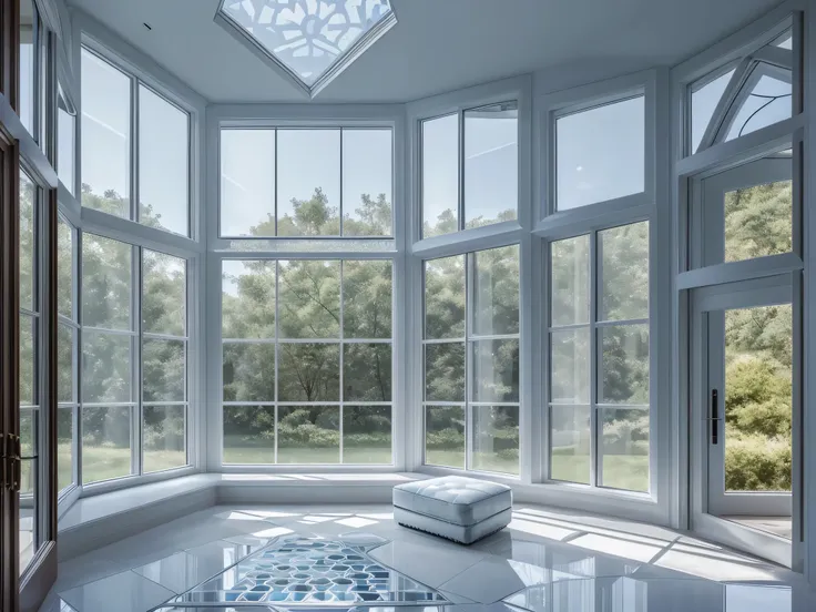 a luxurious interior space with a (((large glass window))), its panes composed of intricate ((square and hexagonal tessellations...