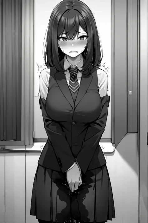 a woman with long black hair, wearing a business outfit consisting of a suit, pencil skirt, and pantyhose, stands in a monochrom...