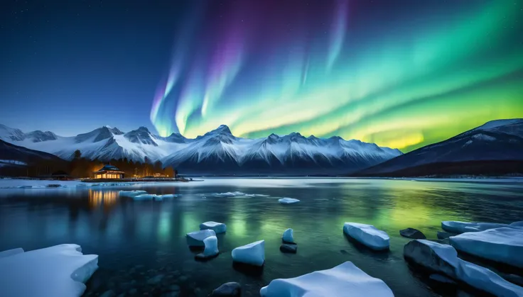 Black and White Landscape Photography,National Geographic award-winning works,8k,George Digarakis,Northern Lights,snow山,Pavilion in the lake,ice山的特写镜头,ice,cool and warm colors,snow山,snow景,snow,(RAW photos,best quality),(Reality,照片Reality感:1.3),masterpiece,...