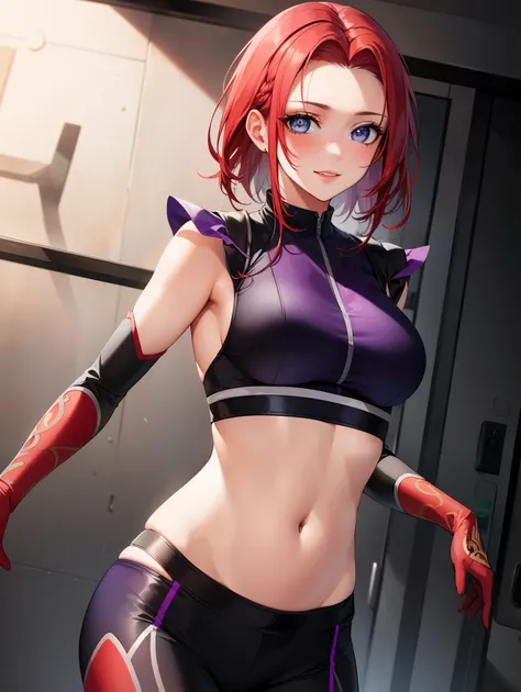 kallen stadtfeld, blue eyes, ((red hair:1.5)), short hair,
break ((purple_clothes, ninja_clothes,navel:1.5))
break cowboy shot, ...