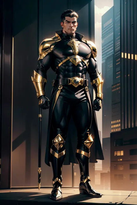 In the heart of the bustling metropolis, a Black & Gold Power Ranger stands tall, his imposing figure exuding an air of authority and courage. His black chrome armor, meticulously polished to a mirror-like sheen, gleams under the ambient olive lighting of ...