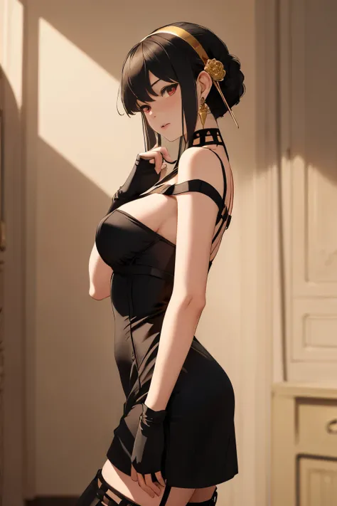 masterpiece, best quality, highres, aayorf, sidelocks, gold hairband, hair ornament, red eyes, gold earring, large breasts, choker, bare shoulders, black dress, two-sided dress, fingerless gloves, thigh boots, cowboy shot, standing, field, from side,