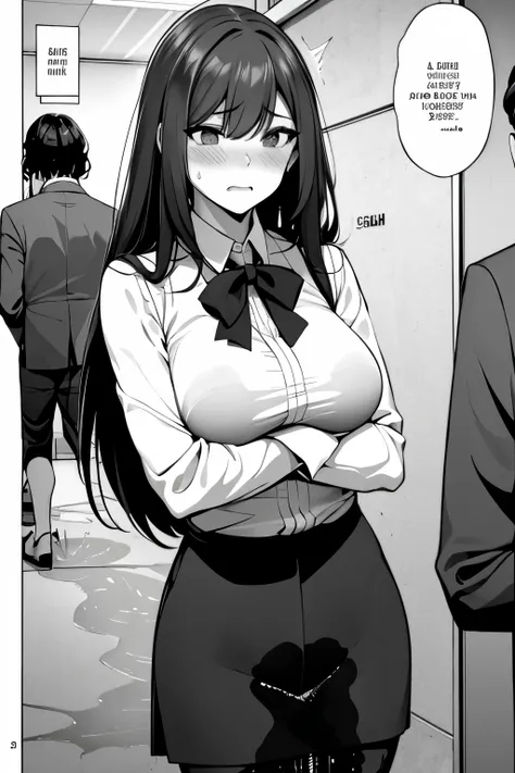 a woman with long black hair, wearing a business outfit consisting of a suit, pencil skirt, and pantyhose, stands in a monochrom...