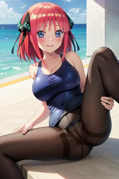 best quality, ultra-detailed masterpiece, anime art style, cute character, nino nakano, large breasts, blush, smile, one-piece swimsuit, pantyhose, pussy focus, open legs