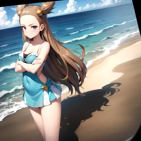 masterpiece, best quality, pov, 1girl, solo, jasmine (pokemon), pouting, standing, on the beach, noon, crossed arms,
