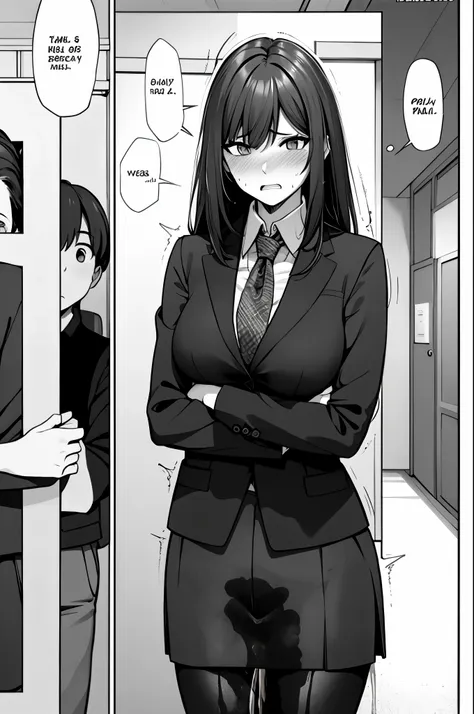 a woman with long black hair, wearing a business outfit consisting of a suit, pencil skirt, and pantyhose, stands in a monochrom...