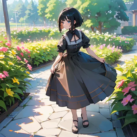 (high quality, High resolution, Very detailed, reality:1.37), Peaceful atmosphere, (Outdoor, garden), Teenage girl standing alone, (my breasts are big.), Beautiful details, Cute Smile, (Black bob hair), White short-sleeved dress, Sandals.