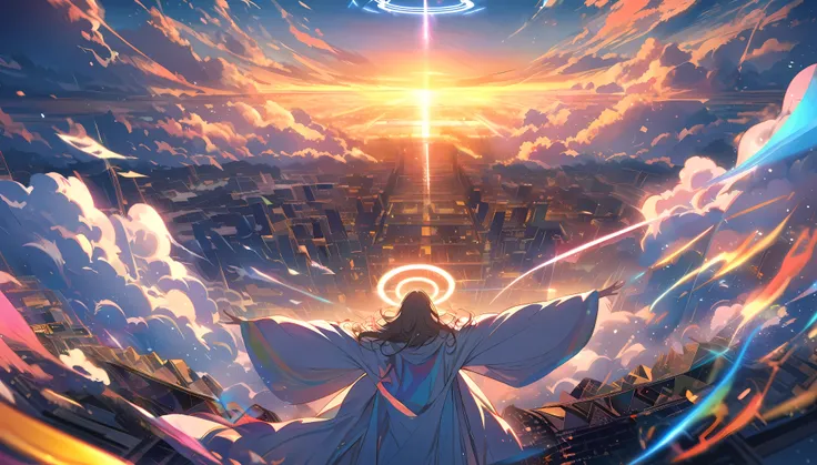 angelic, detailed woman with outstretched arms, woman wearing a robe, a halo of angels above the woman, vast celestial temple with open columns and a floor, floor, sunrise, horizon, in the sky, sea of clouds, focus on upper body, colorful, high-res, 8K