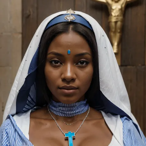 Criar imagem do busto de uma mulher de pele morena, cabelos negros, wearing a blue veil with white stripes and a cross pendant on her forehead