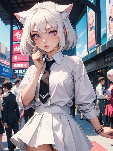 ((best quality)), ((masterpiece)), (detailed), perfect face. White hair. Short hair. Anime girl. Pink eyes. Nekomimi. White clothes. Black skirt. Pink tie. Bandage hand. 