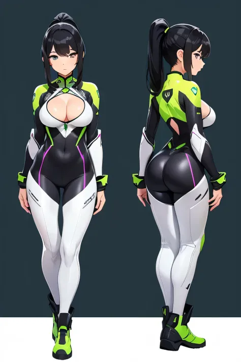 EVE Stellar Blade PS5, Priority IMAGE ID cooftm5e878c73a06qa0, DETAILED IMAGE, black hair style with bangs, NO FOREHEAD VISIBLE, hair ponytail, full body, cleavage, sexy pose, Neon GREEN BODYSUIT clothing