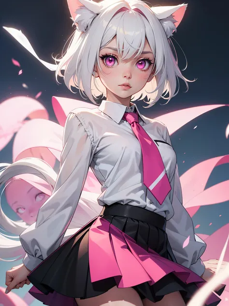 White hair. Short hair. Anime girl. Pink eyes. Glowing eyes. Nekomimi. White clothes. Black skirt. Pink tie.