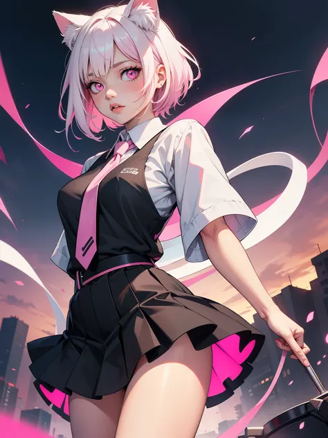 White hair. Short hair. Anime girl. Inner pink hair. Pink eyes. Glowing eyes. Nekomimi. White clothes. Black skirt. Pink tie.