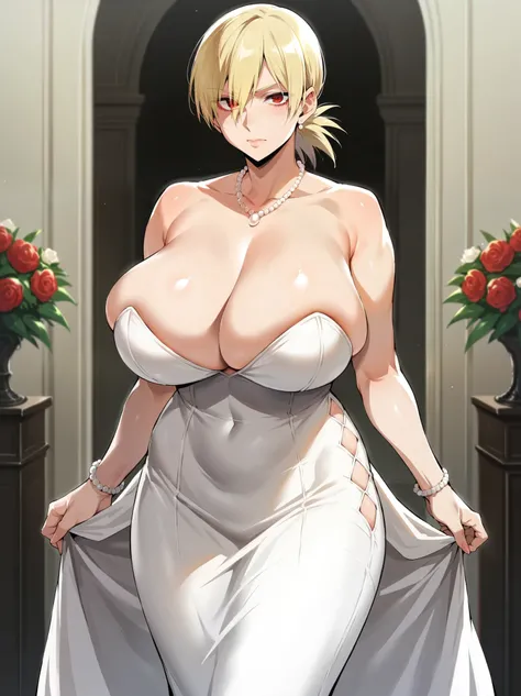 score_9, score_8_up, score_7_up, 1girl, looking at viewer, wedding gown, standing wedding, indoors, hellsing, blonde, red eyes, huge breasts, rating:safe, sfw, closeup, ikuchan