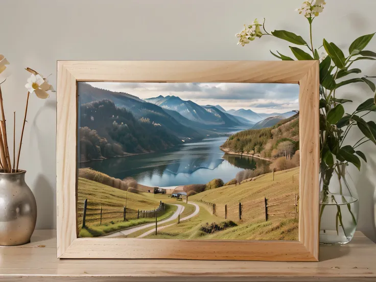 Create a mockup of a realistic A4 horizontal landscape photo frame with a minimalist 3D thick wooden patterned frame, which stands on a minimalist wooden table, a calm and peaceful atmosphere created by a combination of neutral colors and natural lighting.