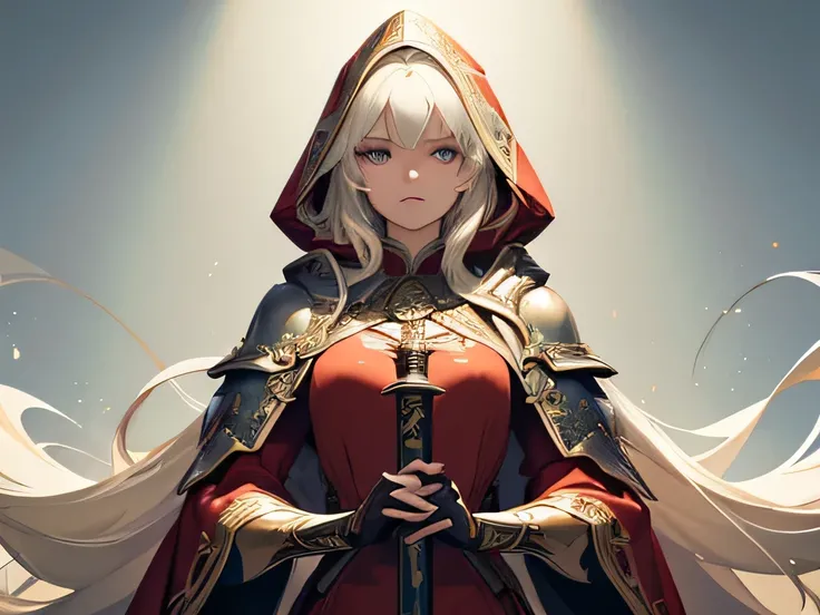 (Super detailed:1.3), ((((best quality)))), ((masterpiece)), female focus, solo,hotify, prettify, stunning beauty, powerful glow, no background,((platinum blonde hair)),long hair, red robes with a hood, wearing armor over the robes,green eyes, caucasian sk...