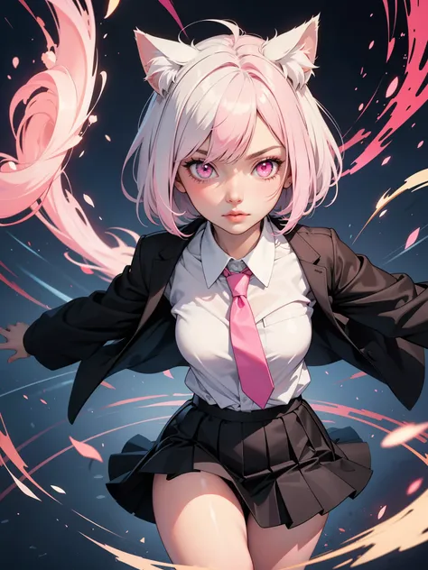 White hair. Short hair. Anime girl. Inner pink hair. Pink eyes. Glowing eyes. Nekomimi. White clothes. Black skirt. Pink tie.