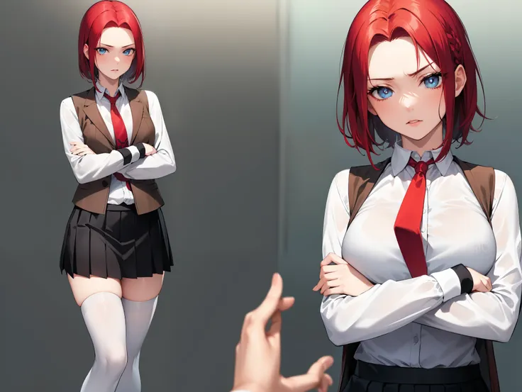 kallen stadtfeld, blue eyes, ((red hair:1.5)), short hair,
break ((school uniform, red necktie, white shirt, pleated skirt, blac...