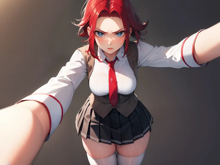 kallen stadtfeld, blue eyes, ((red hair:1.5)), short hair,
break ((school uniform, red necktie, white shirt, pleated skirt, blac...