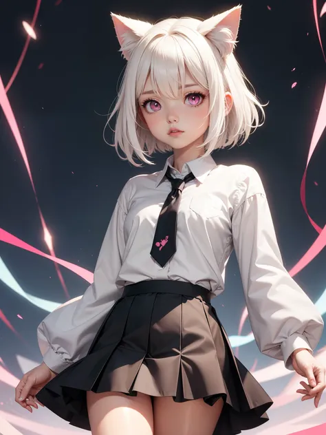 White hair. Short hair. Anime girl. Pink eyes. Glowing eyes. Nekomimi. White clothes. Black skirt. Pink tie.