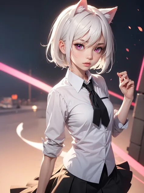 White hair. Short hair. Anime girl. Pink eyes. Glowing eyes. Nekomimi. White clothes. Black skirt. Pink tie.