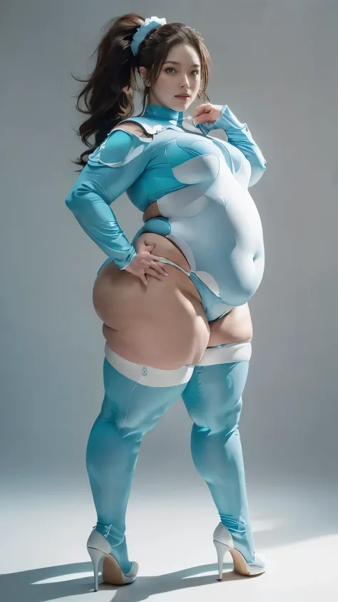 (highest quality、8k、32k、masterpiece、Ultra-high resolution:1.2、Perfect body beauty:1.2、Wearing a futuristic hero suit that glows pale blue and white:1.5、Cute 25 year old White woman、Big and ample breasts:1.5、Upper Body、front、Simple Background、Looking at the...