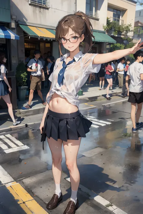 (super flat, flat shading), Honors Type, Really blushing, 17 years old, high school girl, wearing short sleeves school uniform:1.5, mini skirt fluttering in the wind, Loafer, ponytail brown hair, Glasses, sweaty healthy body, sweaty soaking wet full body, ...