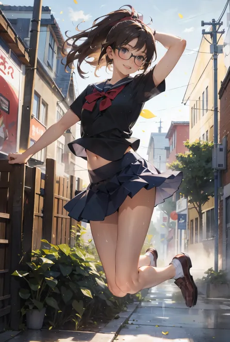 (super flat, flat shading), Honors Type, Really blushing, 17 years old, high school girl, wearing short sleeves school uniform:1.5, mini skirt fluttering in the wind, Loafer, ponytail brown hair, Glasses, sweaty healthy body, sweaty soaking wet full body, ...