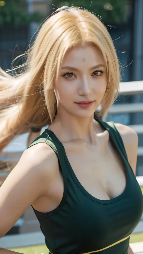 a close up of a person with long hair and a green tank top, tsunade senju, tsunade senju from anime naruto, as an anime character, perfect anime face, she has yellow hair with bangs, female anime character, anime character, anime best girl, hime cut hairst...