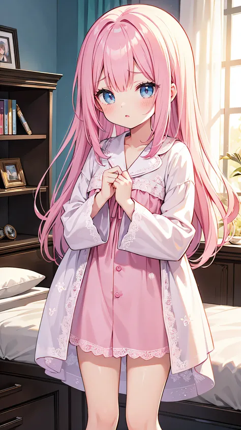 Official Art、Highest quality ultra-detailed CG art、The most beautiful girl in the world：１.２）、Silk pajamas、Pink Hair、room、young、cute、Transparent white skin、10 years old、blue eyes、（Very thin eyebrows）、