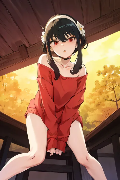 Upper Body, Yoru, One girl, alone, Off-the-shoulder sweater, Red sweater, clavicle, Black Hair, Red eyes, Black Hair, short hair, short hair with long locks, bangs, Side Lock, White hair band, View your viewers, face cover with flower, flower, highest qual...