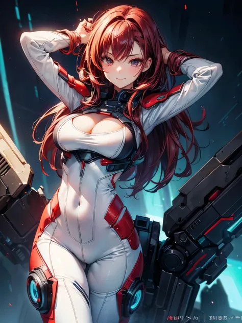 highest quality、Nice sexy body、One Woman、solo、(Beautiful busty woman:1.5)、Medium hair woman、((Woman with dark red hair))、Woman in a white cyber suit、smile、Sexy pose