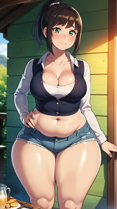 ((highres)), Masterpiece, high quality, best quality, beautiful, perfect lighting, detailed face, ultra cute face, cowboy shot, ((1girl)), ((solo)),

Short hair, fluffy hair, ponytail, brown hair, green eyes, ((blush)), freckles, bright smile, shy, looking...