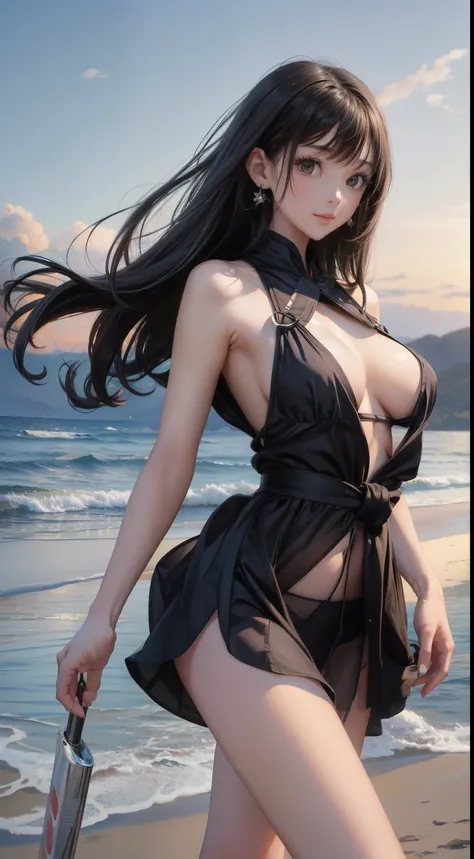 Beach,Black Hair,Straight hair,Look forward、whole body、Black Dress,Nipples,smoking,Super high quality,masterpiece,super high quality,Ultra-high resolution,Best image quality,Top class,最high quality,Highest Resolution,high quality,beautiful,beautiful,high q...