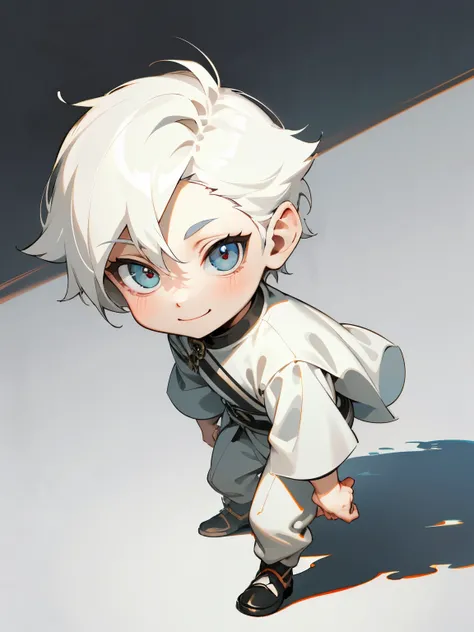 oldman, full body, cartoon style, chibi style, cute, smile, beautiful eye, high detailed pupil, double eyeylid, high detailed skin, high quality skin, white color hair, very short hair, white clothes, professional lighting, real shadow, masterpiece,