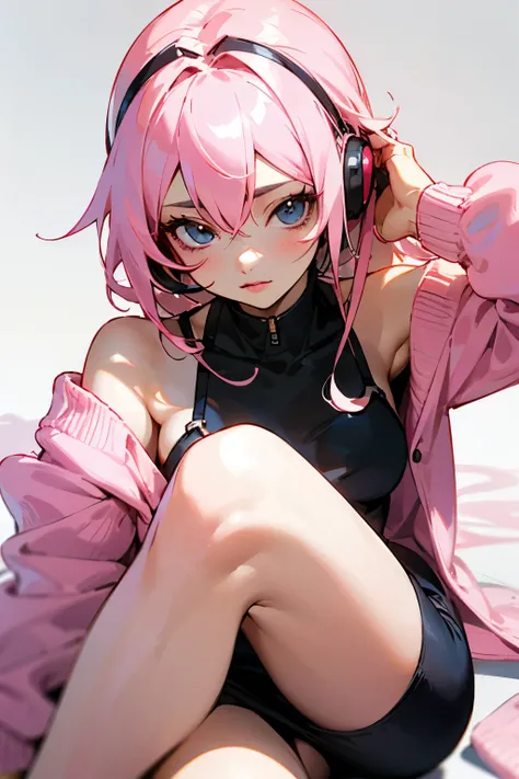 girl with black waist-length hair with light pink tips. she is wearing a black tight thigh-length spaghetti strap dress and a light pink cardigan. wearing a light pink headset. wearing a black high-top converse. aesthetically pleasing  2D focus anime model...