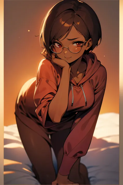 ((best quality)), ((masterpiece)), (detailed), Perfect face，1 beautiful adult woman，Dark Skin，Tighten the body，Clothing details，Hoodie，Round glasses，Dark red eyes，Confident face, Naughty face is cool,Fine fabric accents, pixie cut, lean forward, Sexy, Temp...